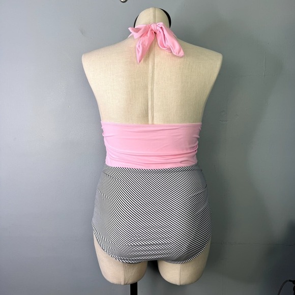 Pink Black and White Striped Ruched Plunge Halter Tie Swimsuit Women's Size L - Picture 5 of 12